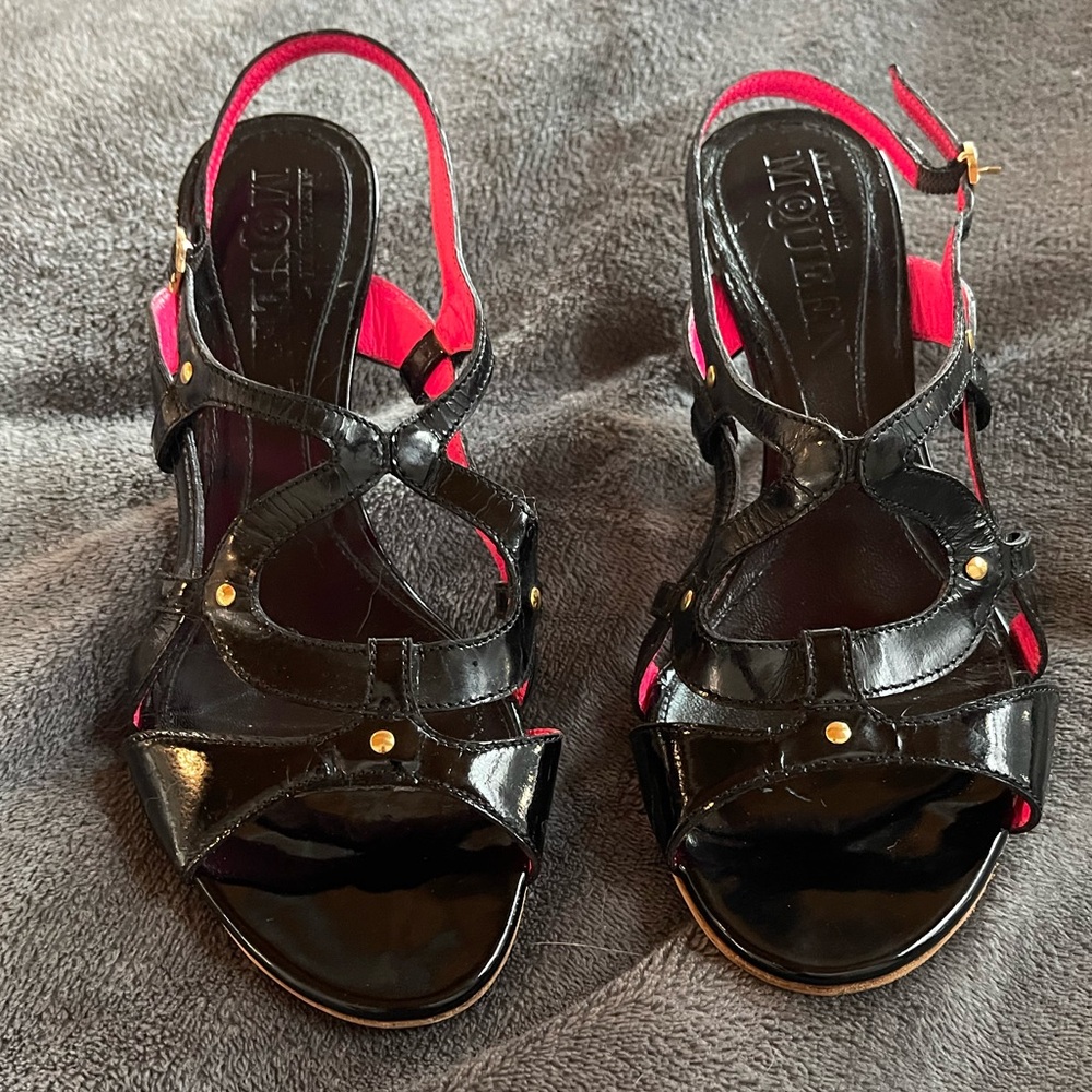 Sale 🔥 Alexander McQueen Black Patent Leather Heels Strap Sandals Size 6